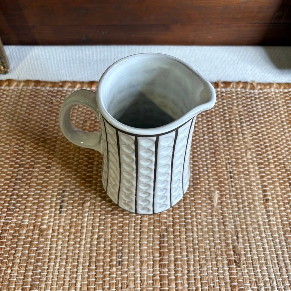 Vintage MCM Ceramano Omega West Germany Dots & Stripes Pitcher White Brown